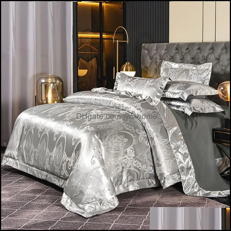 gold coffee jacquard luxury bedding set queen/king size stain bed set 4pcs cotton silk lace duvet cover sets bedsheet home textile 486