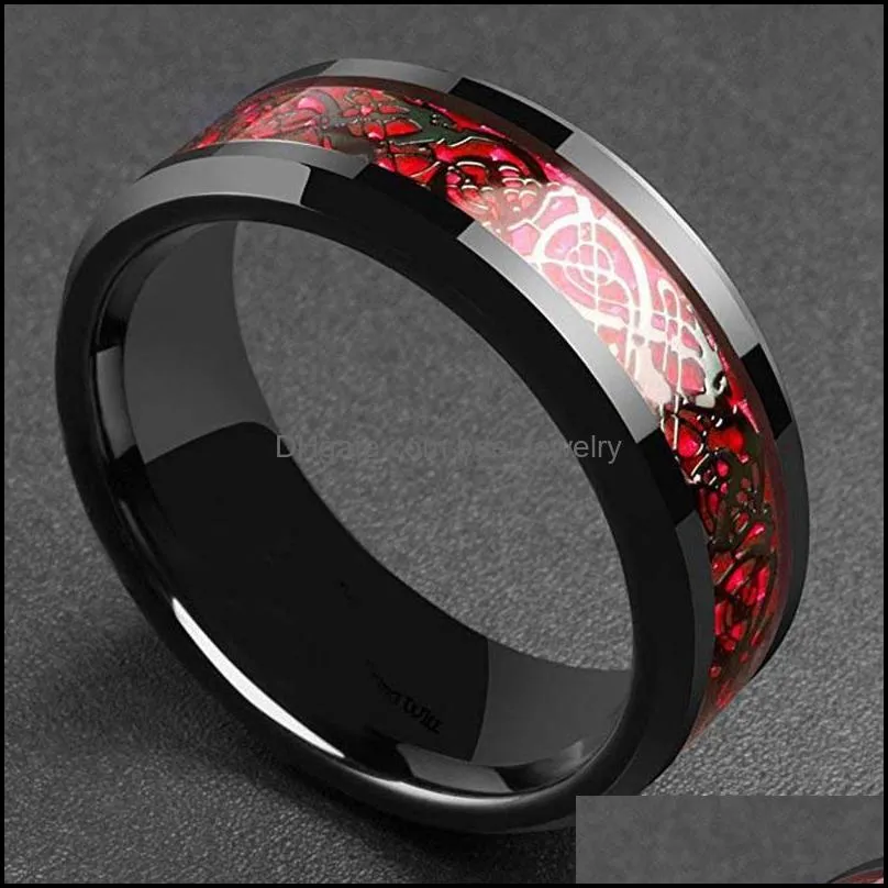 cluster rings stainless steel dragon ring red green carbon fiber black inlay comfort fit for men wedding band fashion jewelry