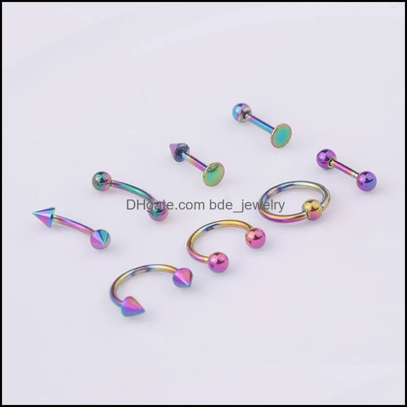 8pcs/set stainless steel barbell helix lobe tongue belly nose rings ball punk helix rook tragus septum lip eyebrow body piercing