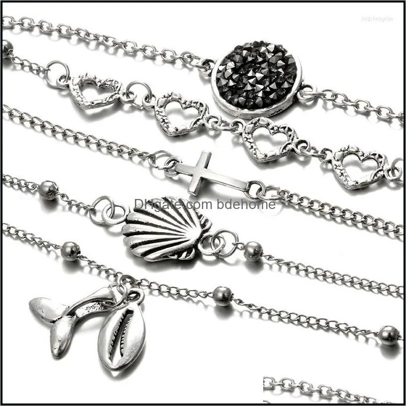 bangle 5 pcs/ set silver fashion bracelet shell fishtail hollow love bangles for women wedding beach party friends gift jewellery