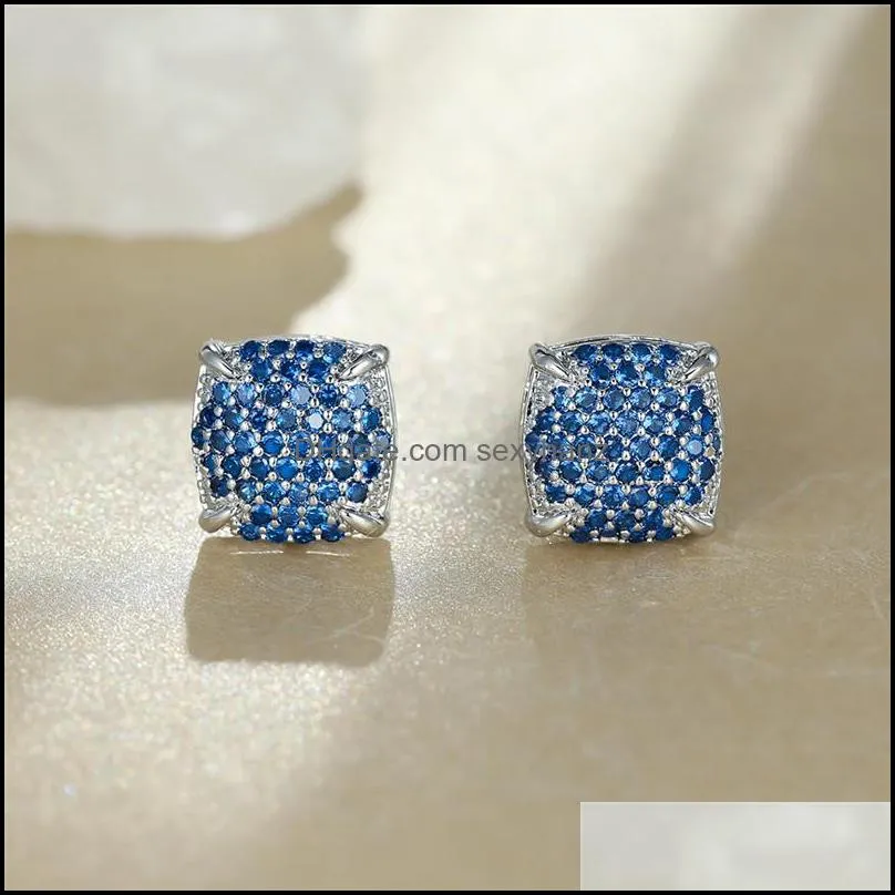 stud hip hop full stone earrings blue crystal zircon small fashion silver color wedding for women punk jewelry