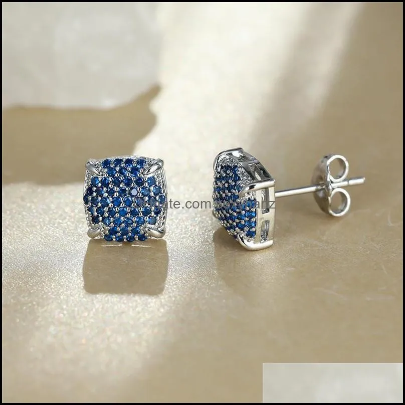 stud hip hop full stone earrings blue crystal zircon small fashion silver color wedding for women punk jewelry
