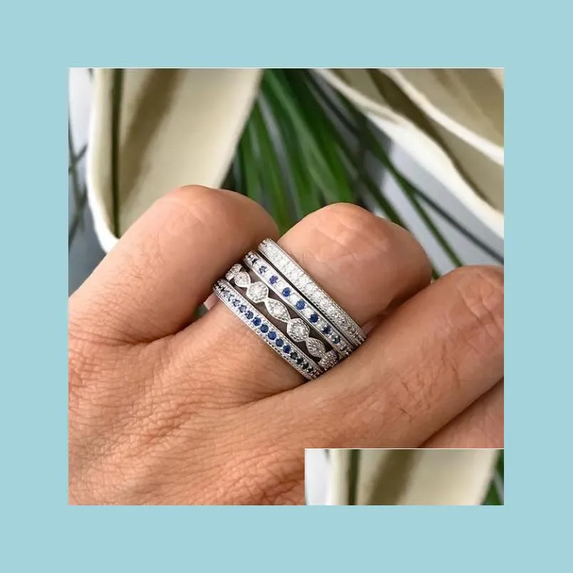 cluster rings wholesale clear blue cubic zirconia paved engagement band 4pcs stack stackable 925 sterling silver eternity cz finger