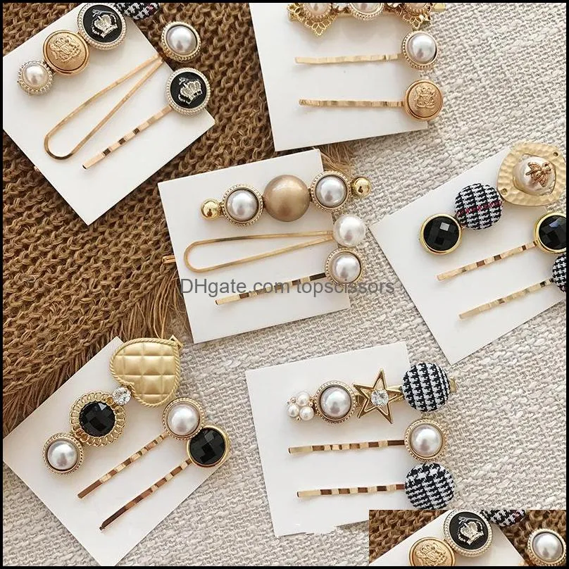 fashion hair accessories houndstooth button imitiation pearl hair clips metal heart star crystal hairpin barrett 3pcs/set