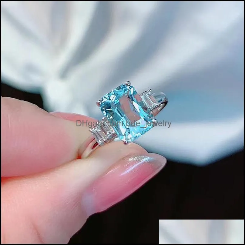 cluster rings fashion blue crystal aquamarine topaz gemstones diamonds for women white gold silver color jewelry bague bijoux gifts