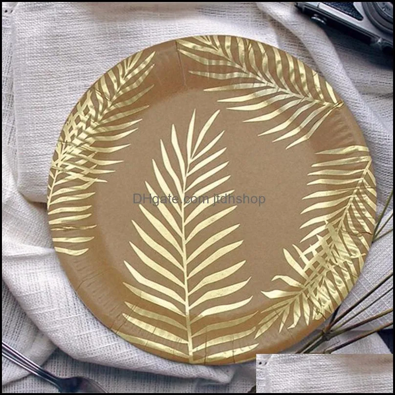 disposable dinnerware bronzing palm leaf tableware kraft paper plate /cup happy birthday party decor adults wedding hawaii garden
