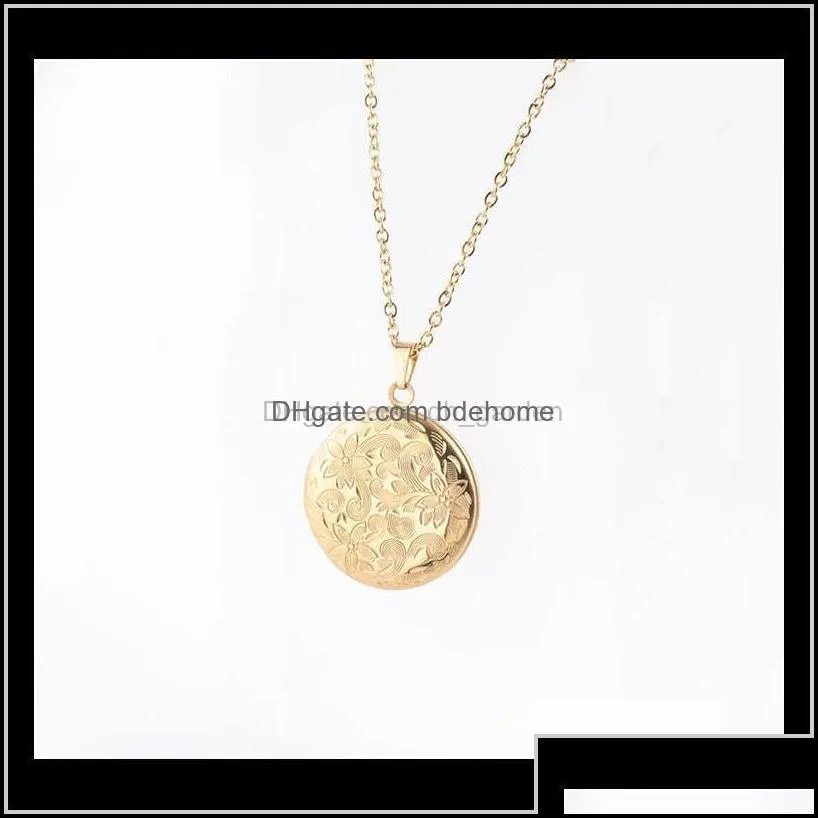necklaces pendants jewelry drop delivery 2021 vintage engraved flowers round 3 color stainless steel diy picture frame po locket pendant