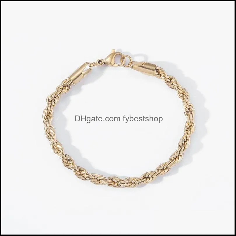 link chain 5/3mm rope bracelets mens stainless steel gold color on hand fashion hip hop twist bracelet for male wholesale 7inch