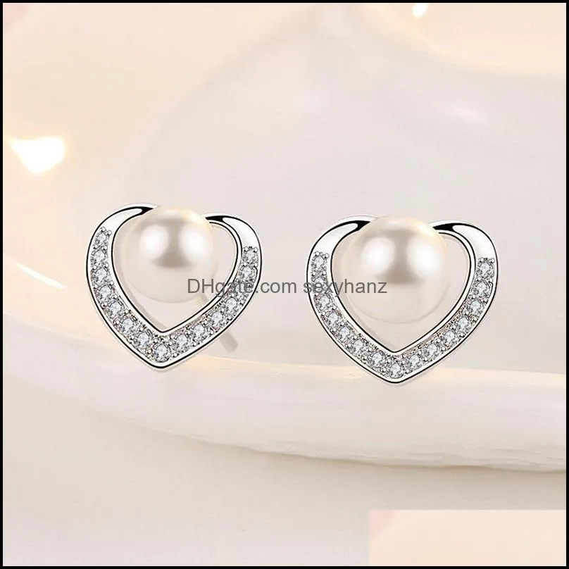 stud trendy pearl earrings 925 silver jewelry heart shape earring accessories for women wedding engagement party gift wholesale