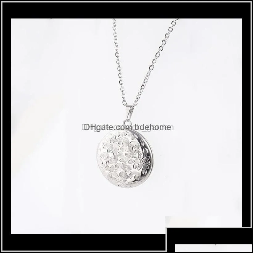 necklaces pendants jewelry drop delivery 2021 vintage engraved flowers round 3 color stainless steel diy picture frame po locket pendant