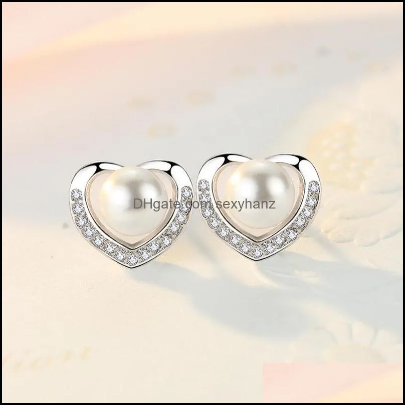 stud trendy pearl earrings 925 silver jewelry heart shape earring accessories for women wedding engagement party gift wholesale