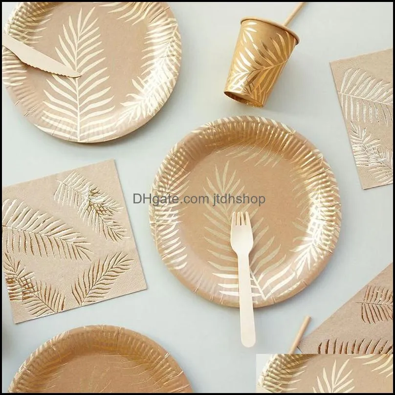 disposable dinnerware bronzing palm leaf tableware kraft paper plate /cup happy birthday party decor adults wedding hawaii garden