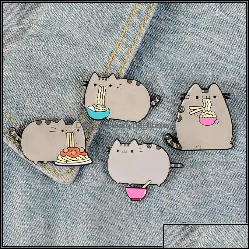 pinsbrooches jewelry creative cartoon animal cat eating noodle enamel brooch alloy badge shirt bag pins accessories women gi dhw2w