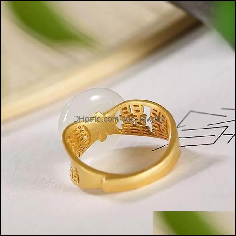 cluster rings inspired design goldplated inlaid natural hetian jade round open ring elegant charm ladies silver jewelry