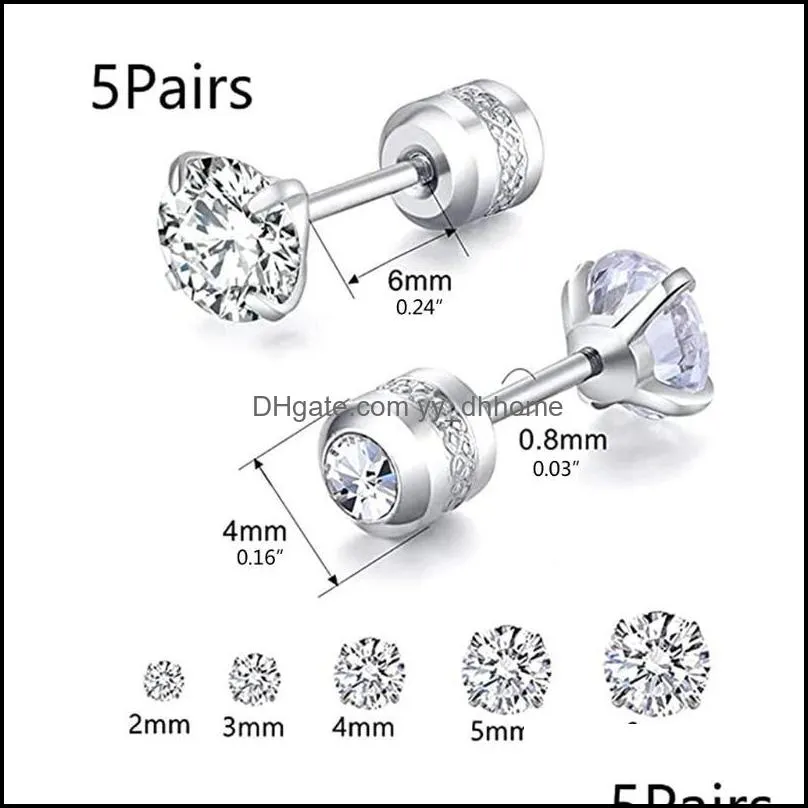 stud 5 pairs earrings set hypoallergenic cubic zirconia 316l stainless steel cz 26mm rose gold