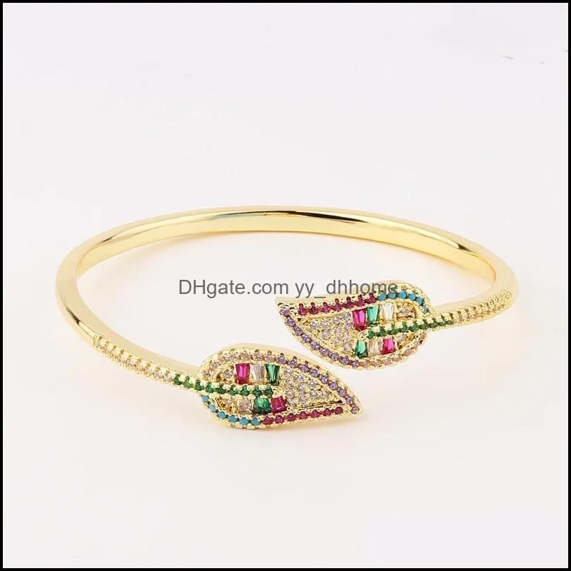 bangle luxury gold filled rainbow cz leaf bracelet for women jewelry party wedding cubic zircon open female giftbangle