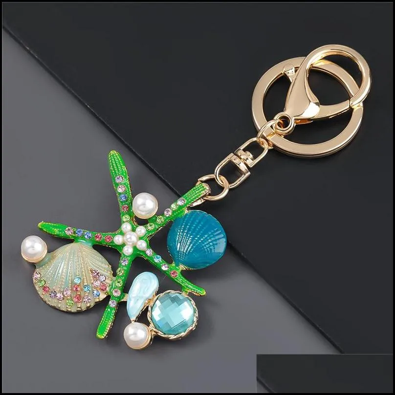 fantasy cartoon sea world pearl shell starfish keychain pentagram crystal keychains ladies bag car key alloy pendant jewelry