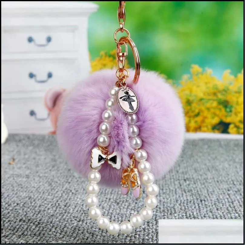 keychains fluffy 8cm fur pom keychain pearl bow crystal llavero pompon keyring ballet love key chain bag charm pendant gift