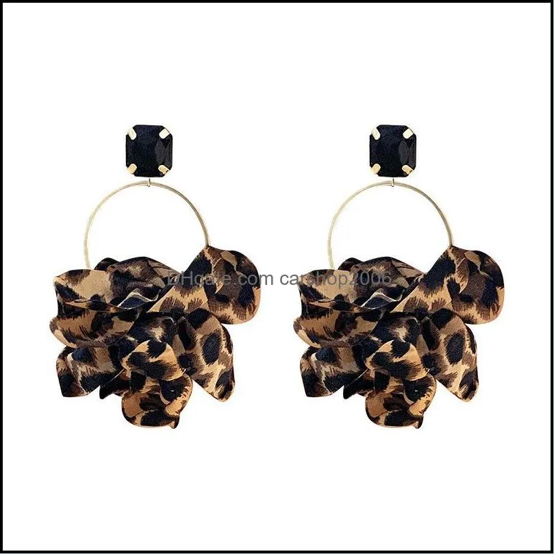 stud leopard print silver needle earrings european and american retro nightclub exaggerated big fabric personalized