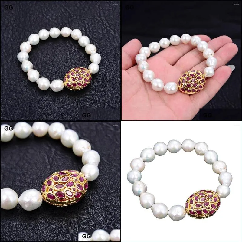 strand jk natural 14x16mm keshi pearl red cz goldplated beads bracelet