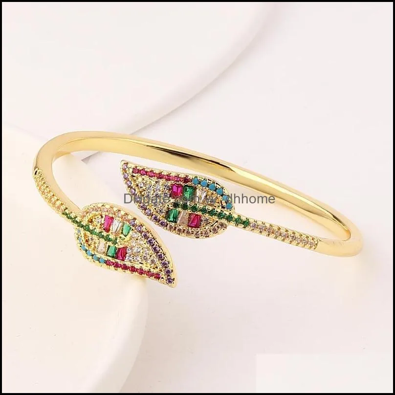 bangle luxury gold filled rainbow cz leaf bracelet for women jewelry party wedding cubic zircon open female giftbangle