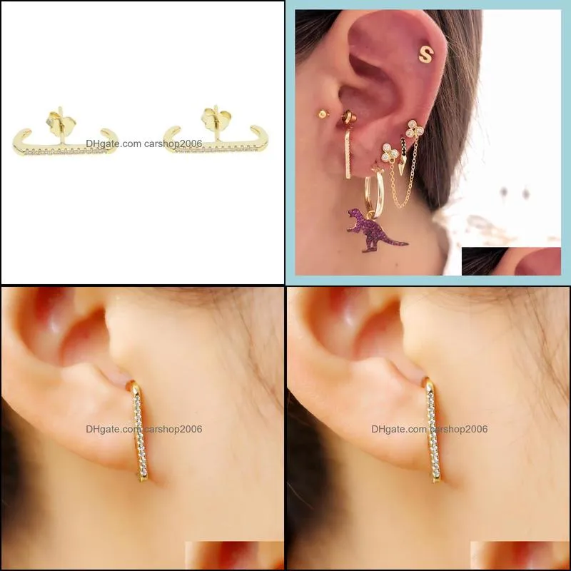 stud top botton cz bar arrond ear design european women multi piercing delicate minimal jewelry 925 sterling silver earring