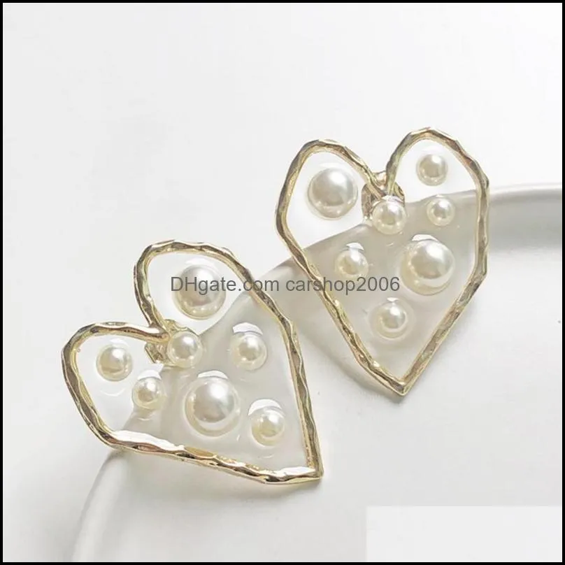 stud huanzhi 2021 s925 silver needle geometric heart colorless transparent pearl stereoscopic bump metal earrings for women