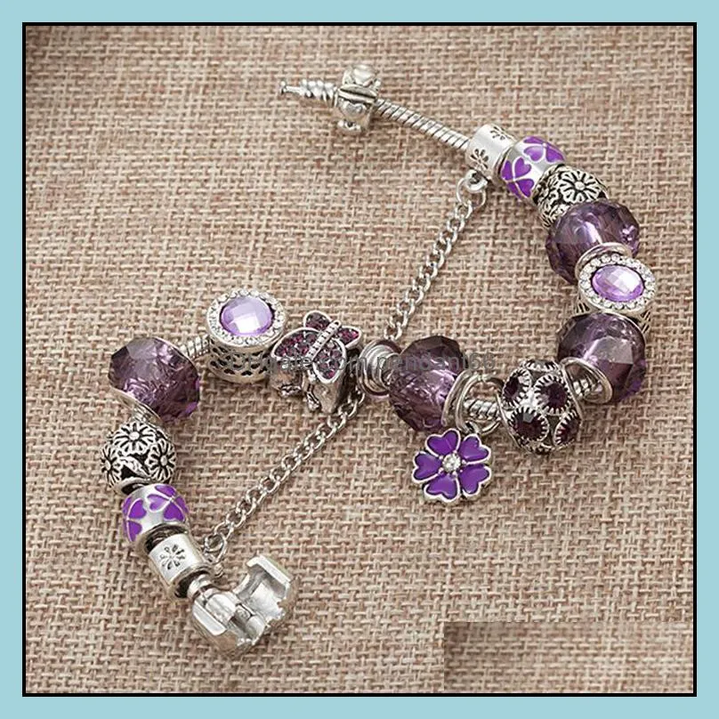 temperament clover pendant bracelet for pandora jewelry silver plated with box luxury designer diy purple beaded pendant bracelet251q