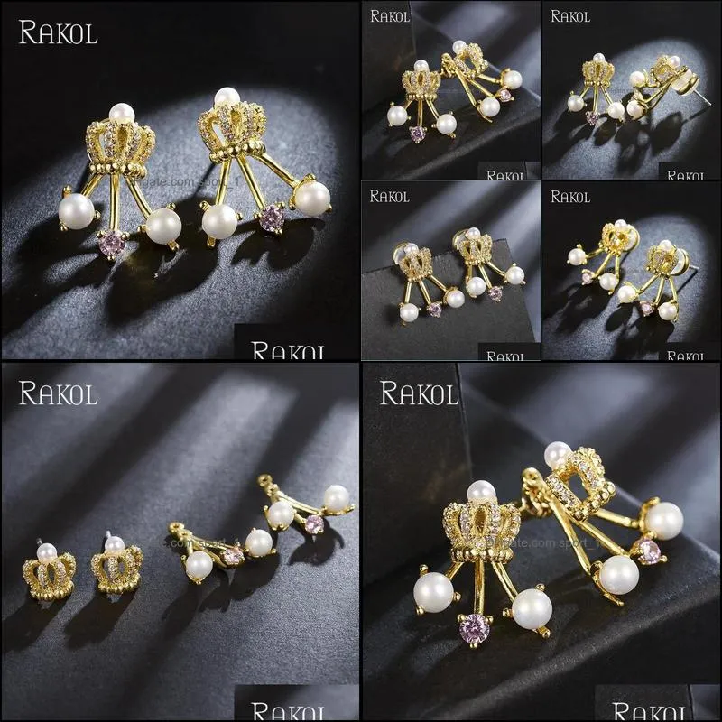 stud elegant cubic zircon crown shape gold mini earrings for women imitation pearl pink crystal jewelry