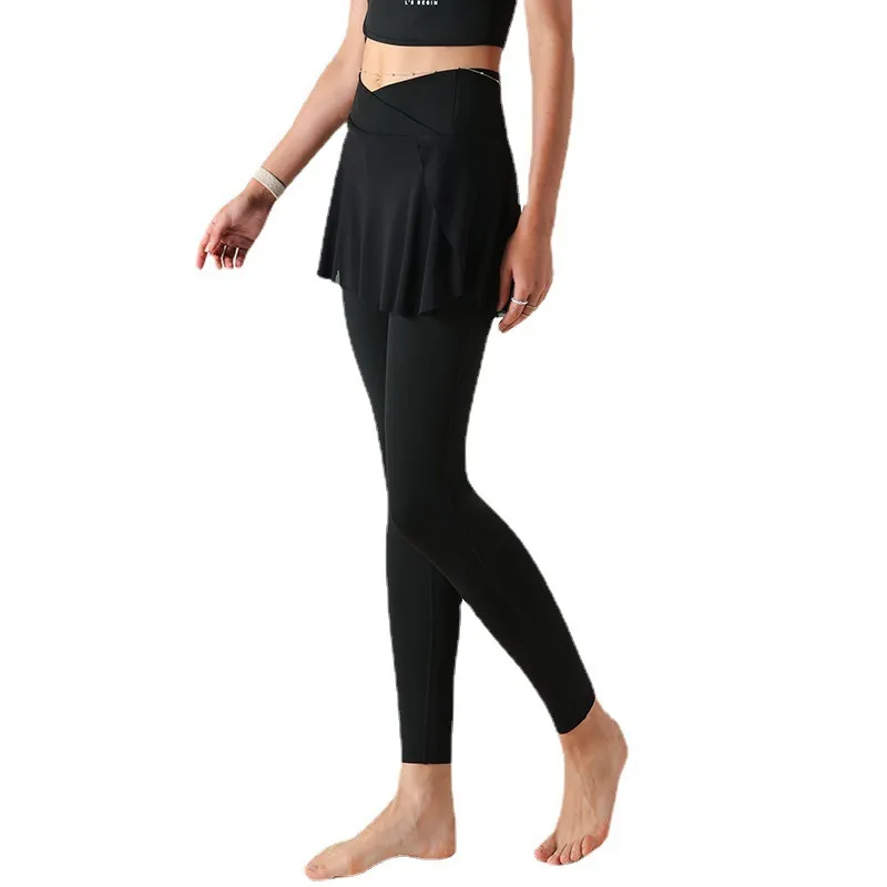 LL Women Yoga Leggings Skrit Fake Two Piece Set Sweatpants High Waist With Pocket Anti-shrink Gym Sports Pants Training Tights Legging