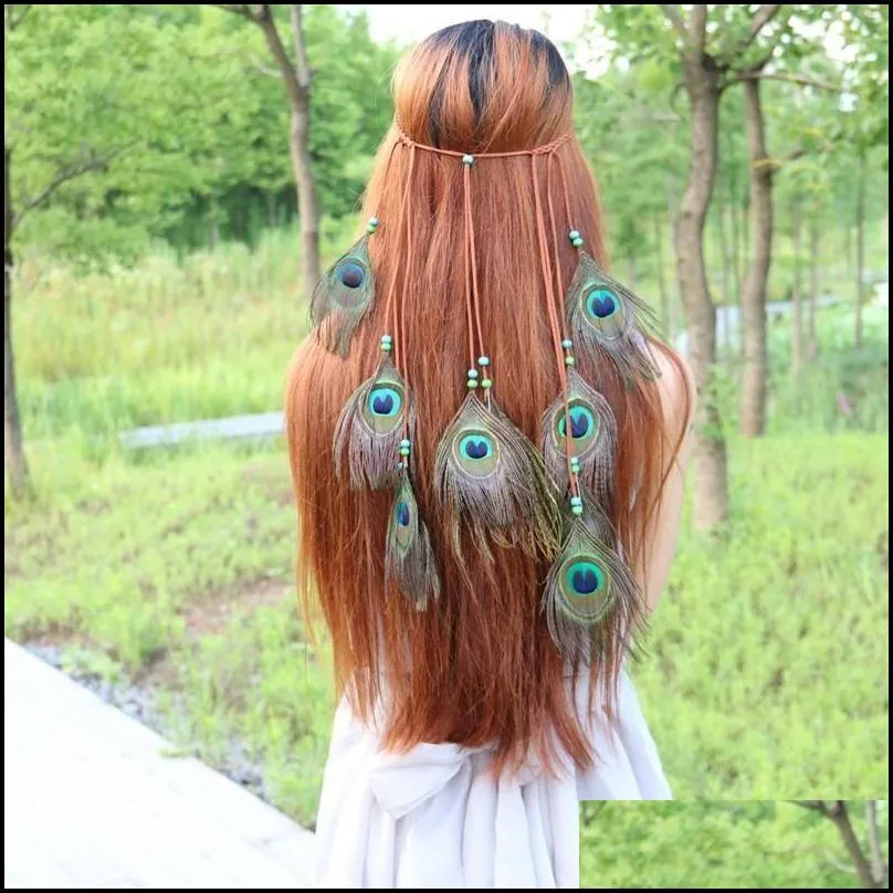 bohemian style headband peacock feathers color handmade weave multi storey hair band head chain ourist memorial 11hx ff