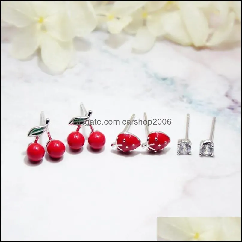 stud 925 silver needle fashion zircon strawberry cherry earrings set for women girls earring female party jewelry gift