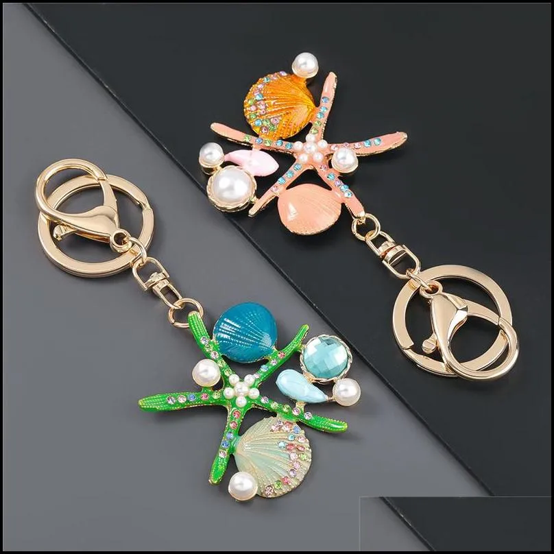 fantasy cartoon sea world pearl shell starfish keychain pentagram crystal keychains ladies bag car key alloy pendant jewelry