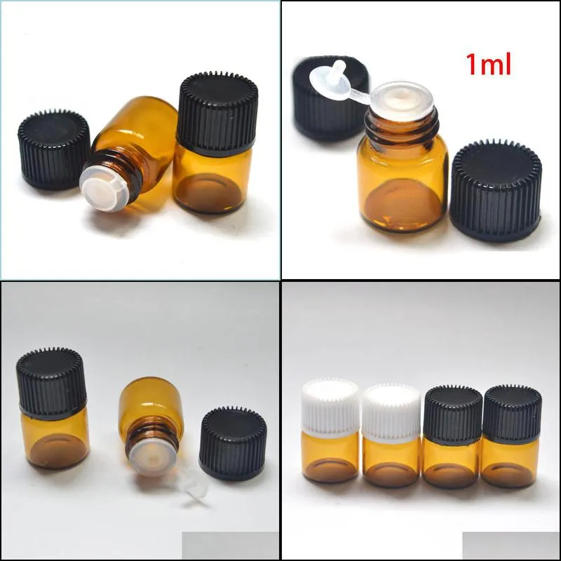 hot sell 10pcs 1ml amber glass vials small mini  oil bottle with orifice reducer and cap small bottles