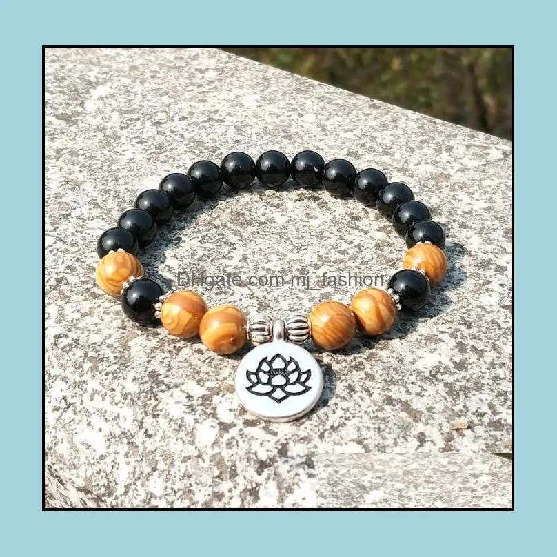customizable pendant 8mm black onyx round bead bracelet lotus pendant charm bracelet