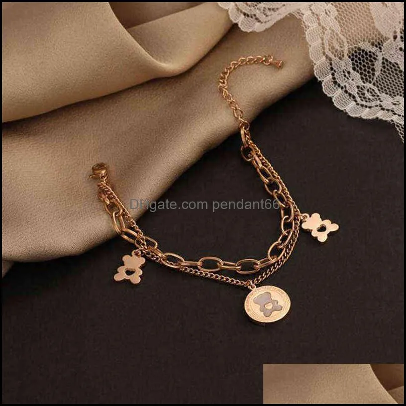 2021 stainless steel double layer thick straps love bear bracelet ornament womens rose gold jewelry275w