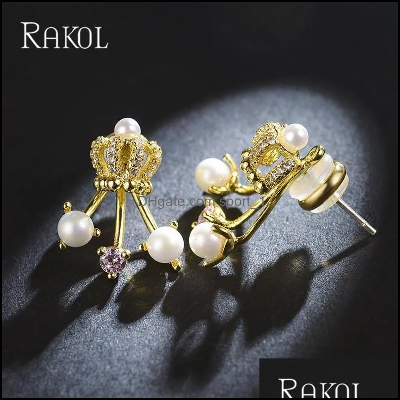 stud elegant cubic zircon crown shape gold mini earrings for women imitation pearl pink crystal jewelry
