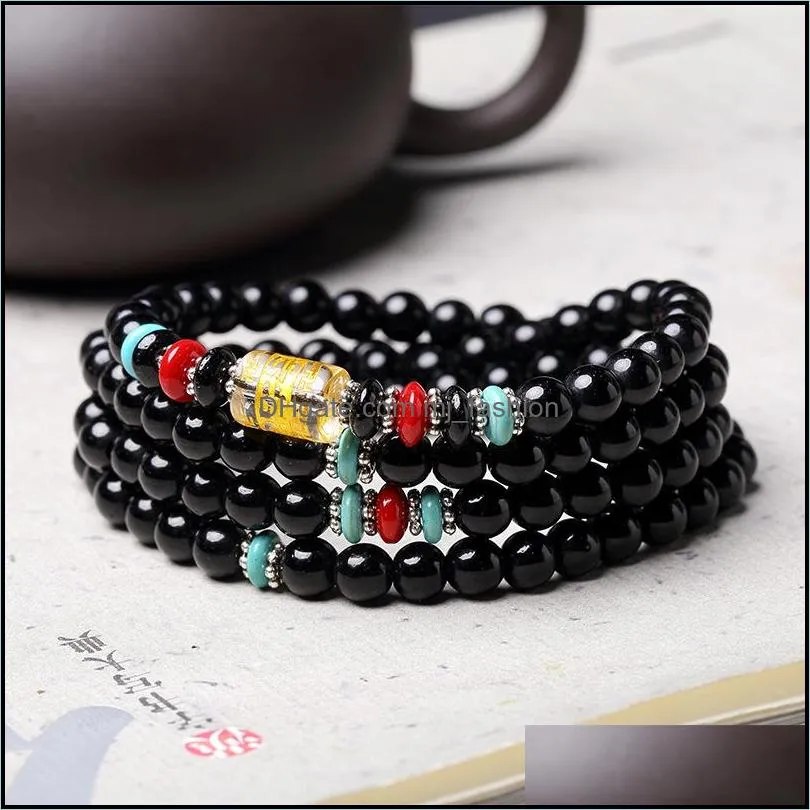 new natural 6mm black obsidian beaded stone tibetan buddhist 108 prayer beads necklace gourd mala prayer bracelet for meditation