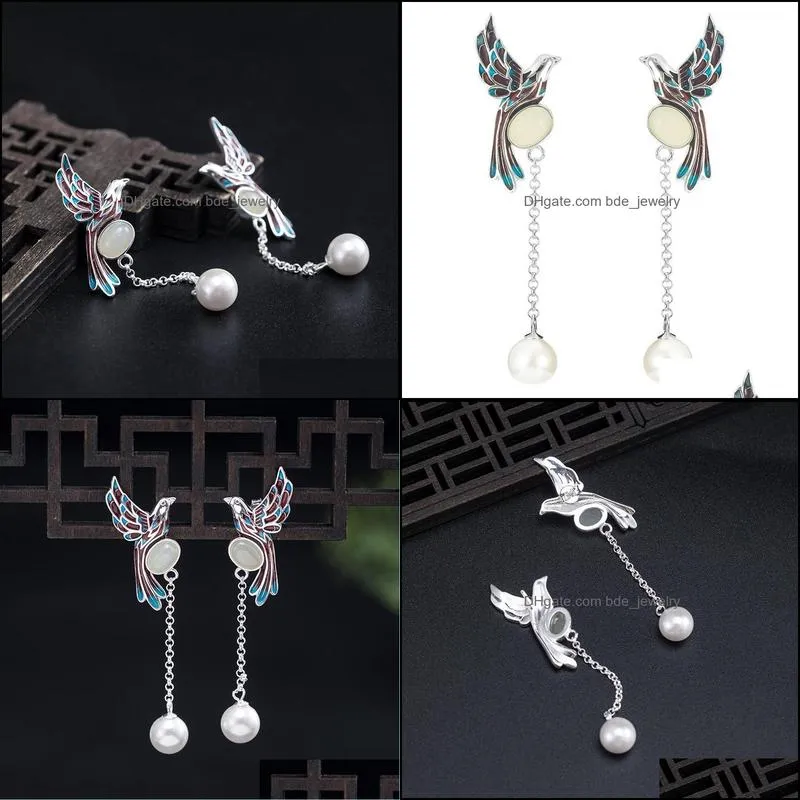 stud 925 silver personality bird earrings girls retro national style nephrite shell pearl lovely animal jewelry