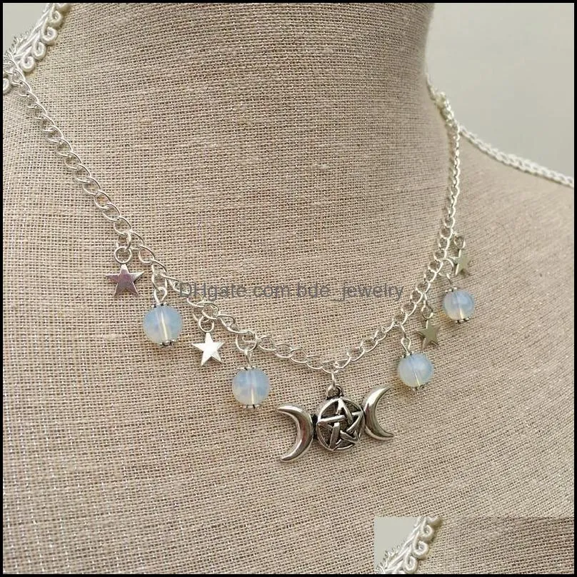 chains triple opalite pentagram pagan wicca chain necklace moon natural pendant witchy esoteric gothic punk jewelry women gift