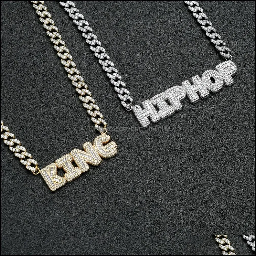 small baguette initial letters pendant with 10mm cuban link chain necklace combination zirconia name jewelry rose gold267s