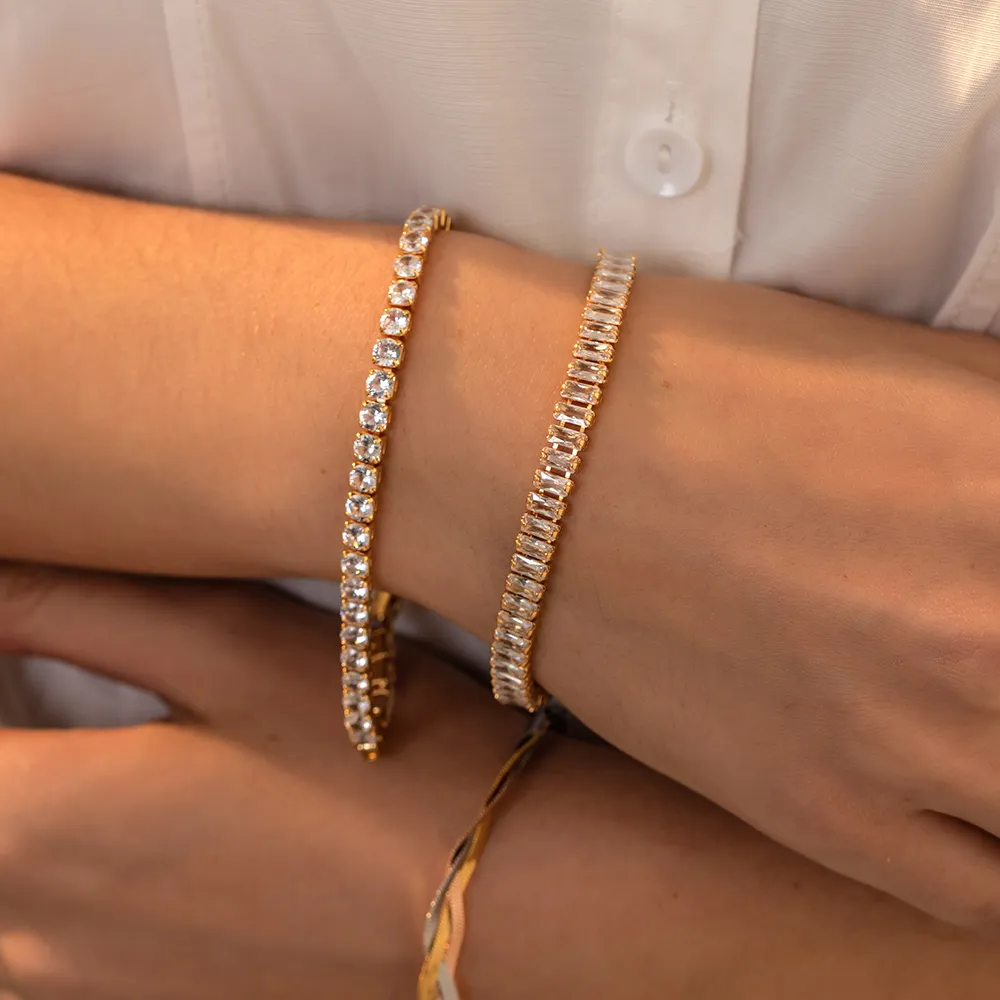 luxury round crystal cz tennis bracelet bangle for women classic stainless steel chain bracelets wedding fashion jewelry gift