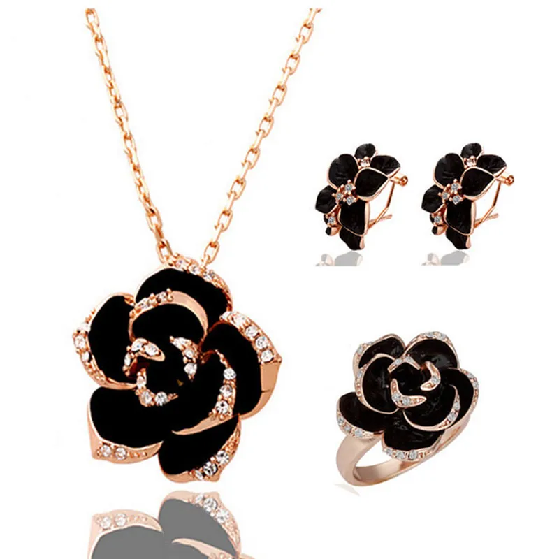 women fashion rhinestone rose flower pendant necklace earrings ring jewelry gift moda feminina jewelry sets