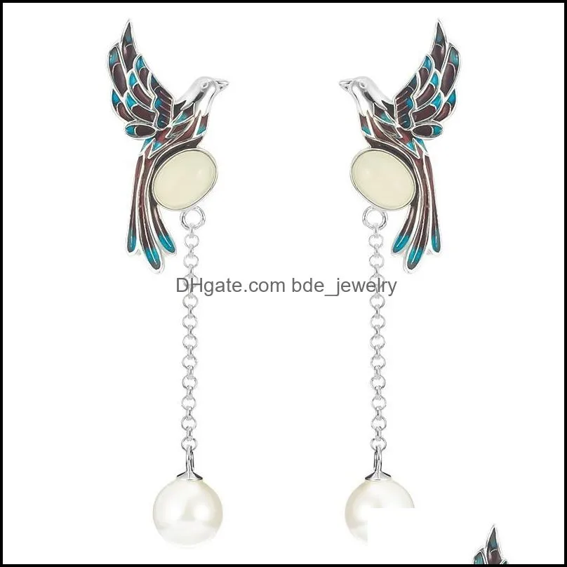 stud 925 silver personality bird earrings girls retro national style nephrite shell pearl lovely animal jewelry