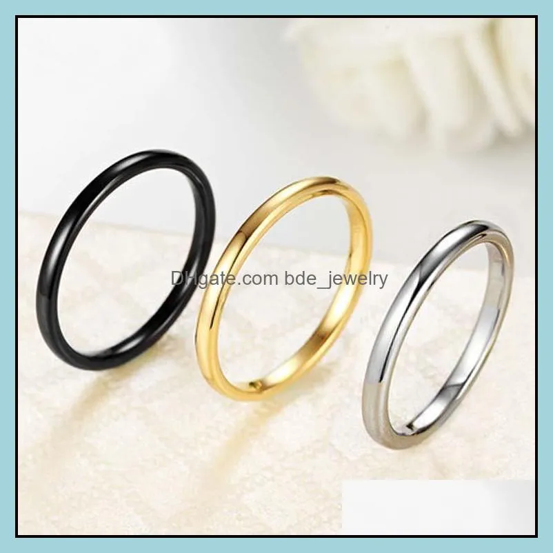 whole 100pcs lot stainless steel rings width 2mm finger ring wedding band jewelry for men women silver gold black fashion bran229d