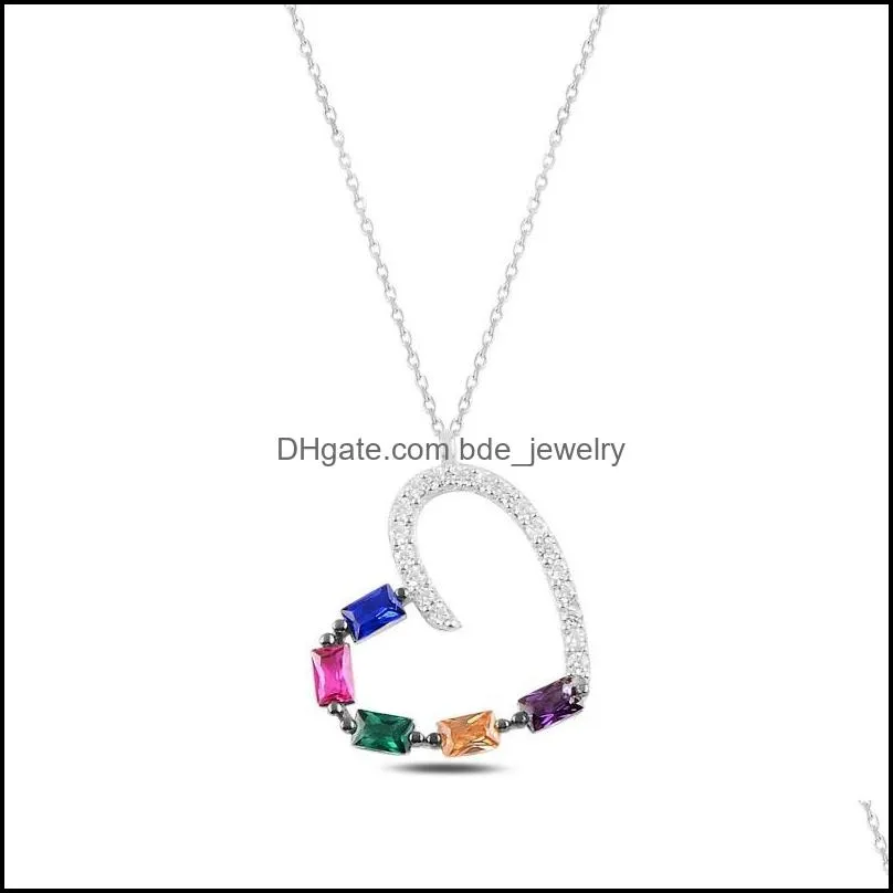 chains silver 925 sterling heart colored baguette zircon cubic zirconia necklace