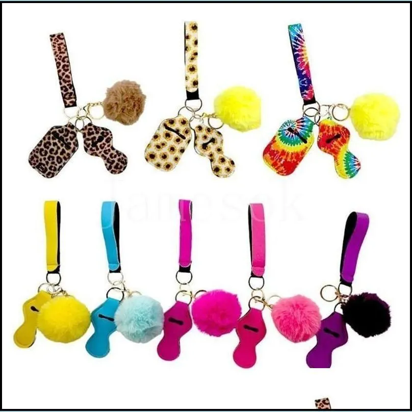 11 colors party favor defense keychain pompom hand sanitizer wrist strap lipstick keychains silver for woman men self-defense keyrings