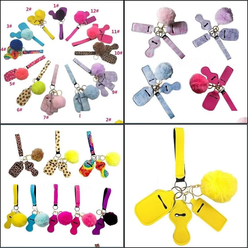 11 colors party favor defense keychain pompom hand sanitizer wrist strap lipstick keychains silver for woman men self-defense keyrings