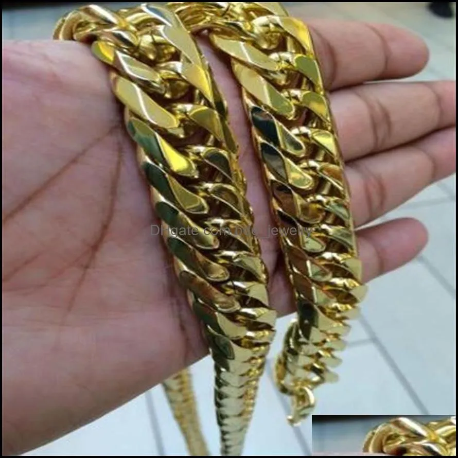 solid 14k yellow gold finish stainless steel  cuban link chain bracelet