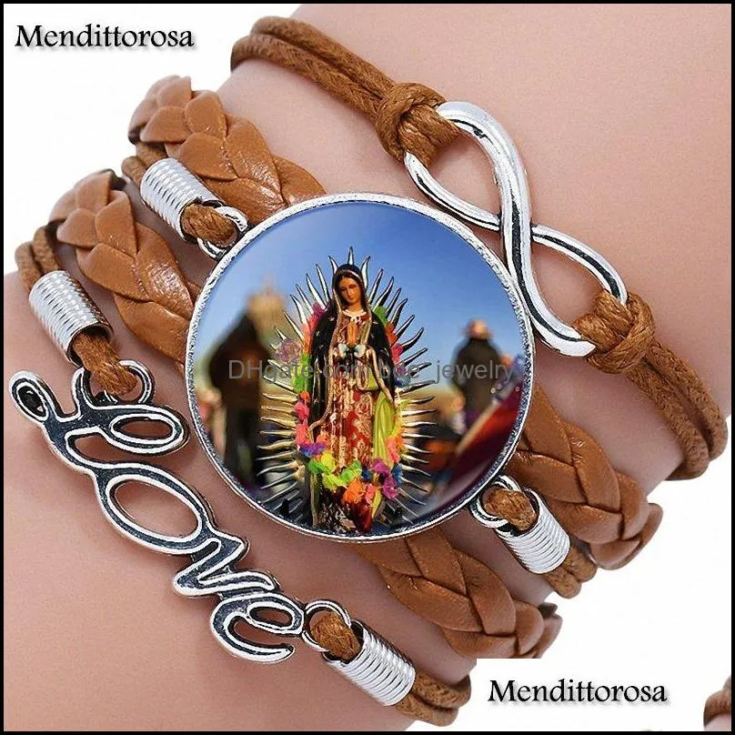 for women christmas jewelry glass cabochon multilayer black/brown leather bracelet bangle virgin mary sacred heart religious